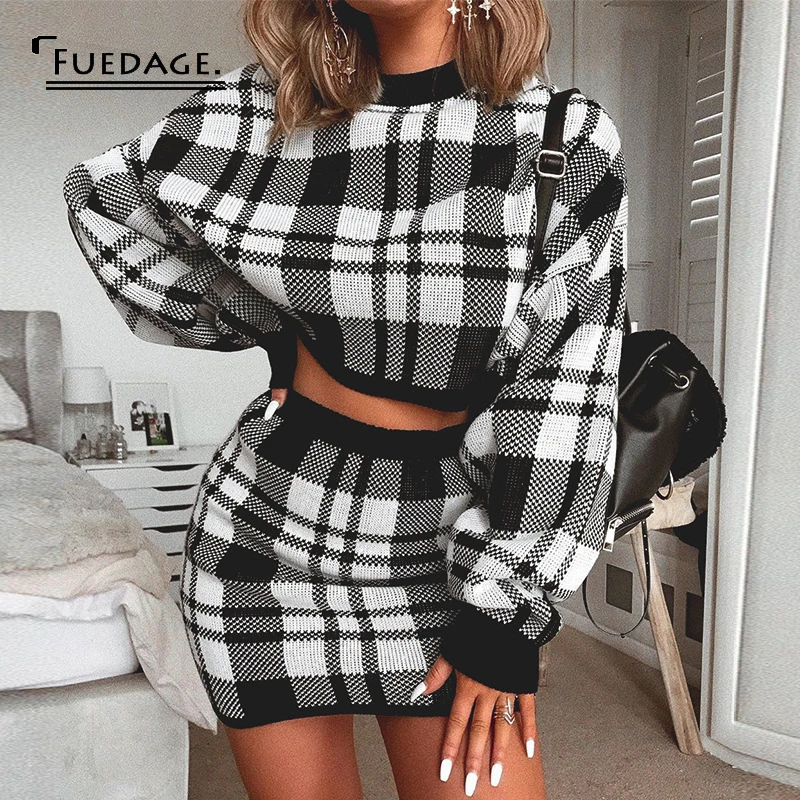 

Fuedage Autumn Sexy Women Two Piece Set Plaid O Neck Knitted Crop Top And Mini Skirt Women Set Long Sleeve Casual Female Sets