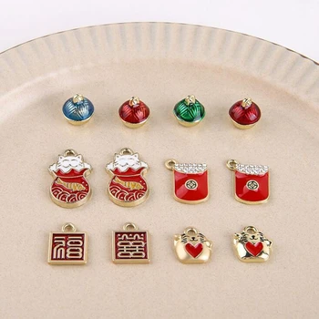 

10pcs/lot alloy Enamel Charms beckoning cat purse Gong Ling Fuxi text DIY handmade jewelry earrings necklace material