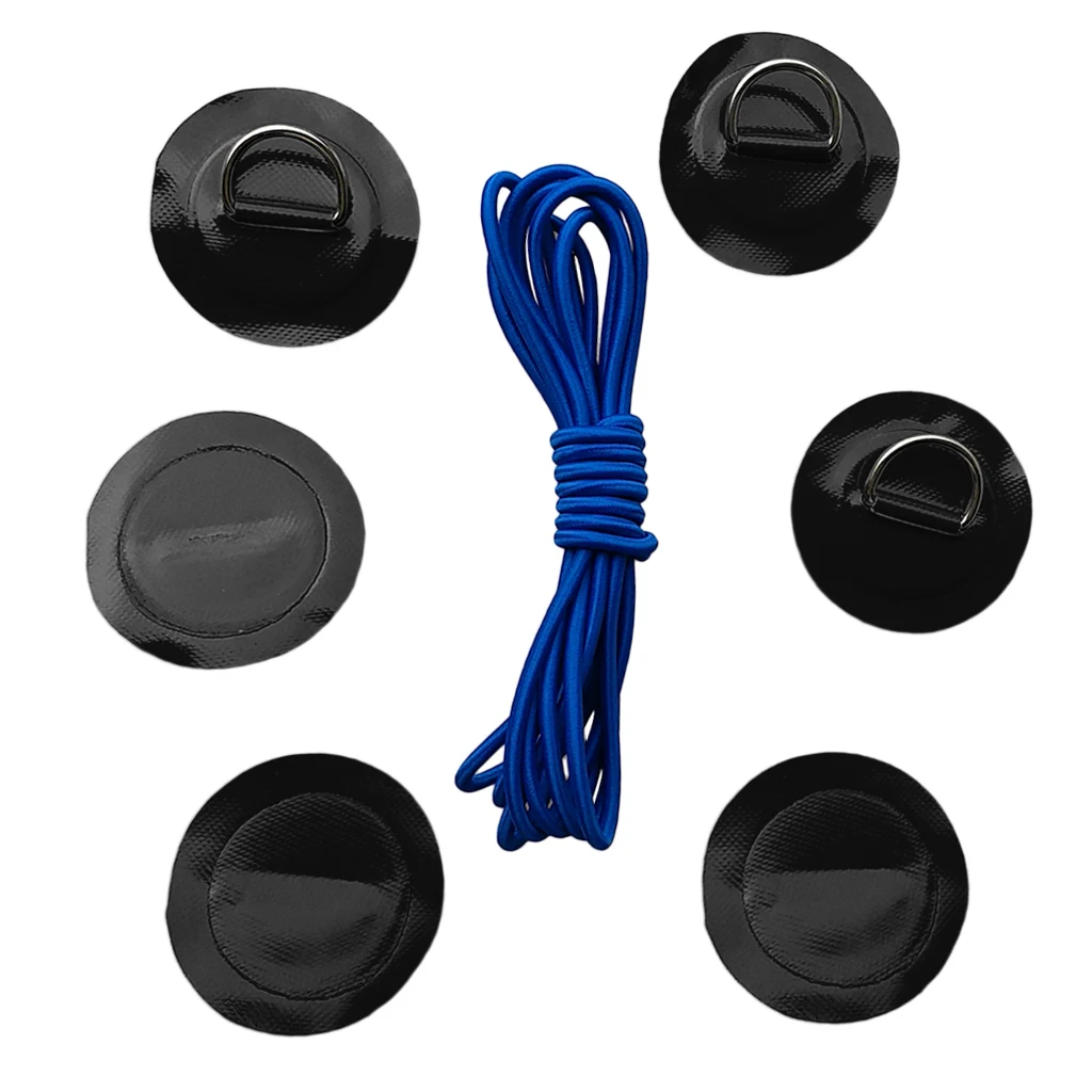 6Pcs Inflatable Boat Kayak SUP D-ring Patch & Elastic Shock Cord Set- 6 Colors Dinghy D Ring Round Patch