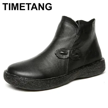 

TIMETANG Handmade Women Boots Winter Warm Short Plush Ankle Boots Women Genuine Leather Soft Bottom Non-slip Flat Boots Female