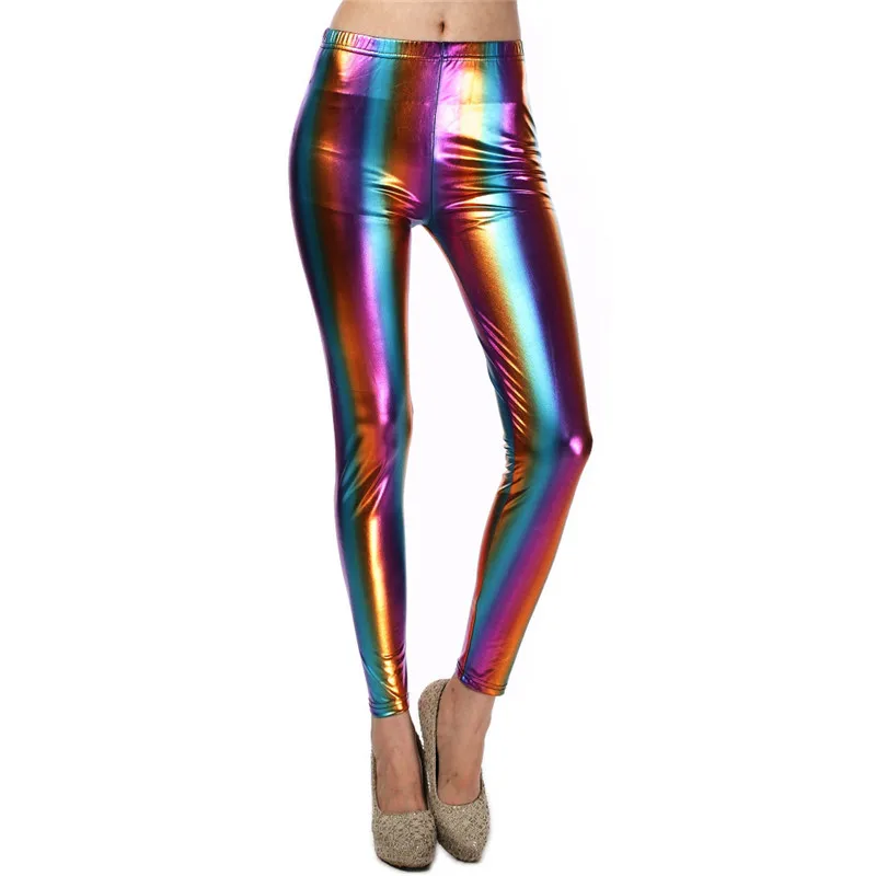 Glitter Holographic Pu Long Pants Rainbow Color Striped Elastic Pencil Pants Sexy Women Skinny Trousers Streetwear Fall