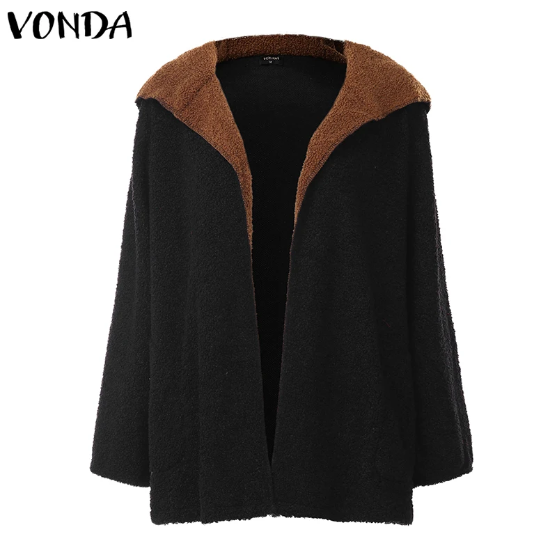 VONDA/женские осенне-зимние пальто с искусственным мехом, пальто с капюшоном, большие размеры, куртки с длинными рукавами, утепленный флисовый кардиган, пальто 5XL - Цвет: Black