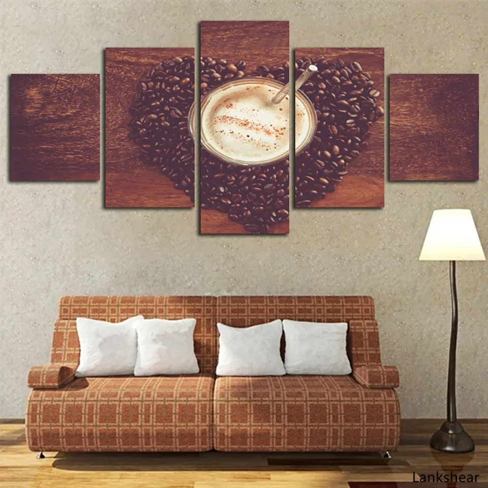 

Home Decoration Posters Framework Living Room Wall 5 Panel Coffee Beans Drink Modern Painting On Canvas Art Pictures HD Printed