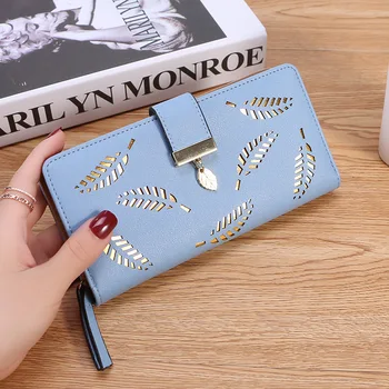 

Women Wallet PU Leather Purse Female Long Wallet Gold Hollow Leaves Pouch Handbag for Women Coin Purse Card Holders Clutch