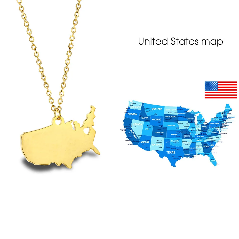 

Simple Cool USA America Map Necklace North America Nation Topographic Map Sweater Chain Titanium Steel Gold Plated Women's Acces