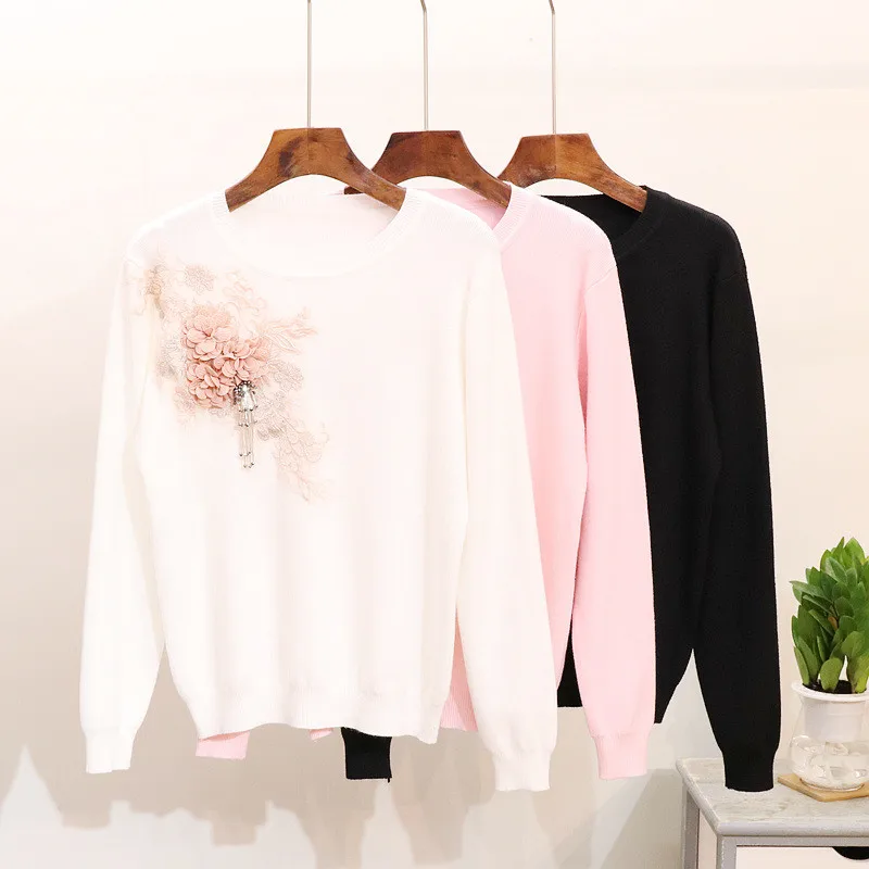 Cute Women Sweaters 2018 Autumn 3D Flower Appliques Fashion Jumpers Female Long-sleeved Loose Pullover Beading White Knit Shirts | Женская