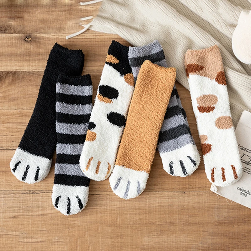 Calcetines térmicos de felpa para mujer, medias mullidas con bordado de  pata de gato, algodón grueso, dibujos animados para dormir - AliExpress