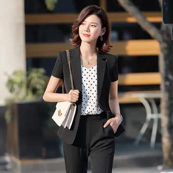 

Xn8054 Two Grain Buckle Occupation Suit Female Short Sleeve Temperament Slim Fit Restaurant Cash Register Member Hotel Head
