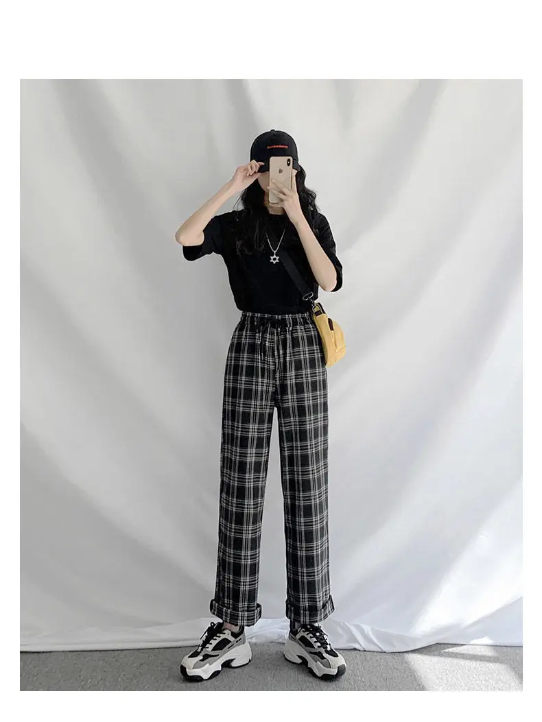 HOUZHOU Checked Black Loose Pants Women2020 Korean Style Plus Size Joggers Women Pants in a Cage For Trousers Women