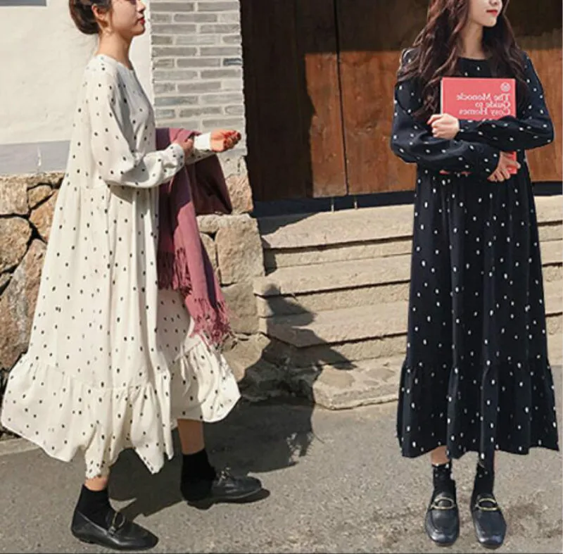

Plus Size 2019 Spring Summer European Style Brand Cothing Loose Long Sleeve Women Dresses Print Dot Linen Vestidos O-Neck Robe
