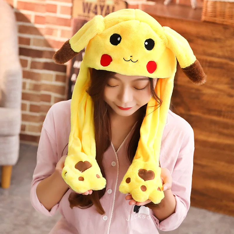 Moving Hat Rabbit Ear Plush Toy Airbag Cap Stitch Pikachu Lighted Hat Kid Gift Mickey Minnie mouse Doraemon Doll Cosplay Hat - Цвет: Серый