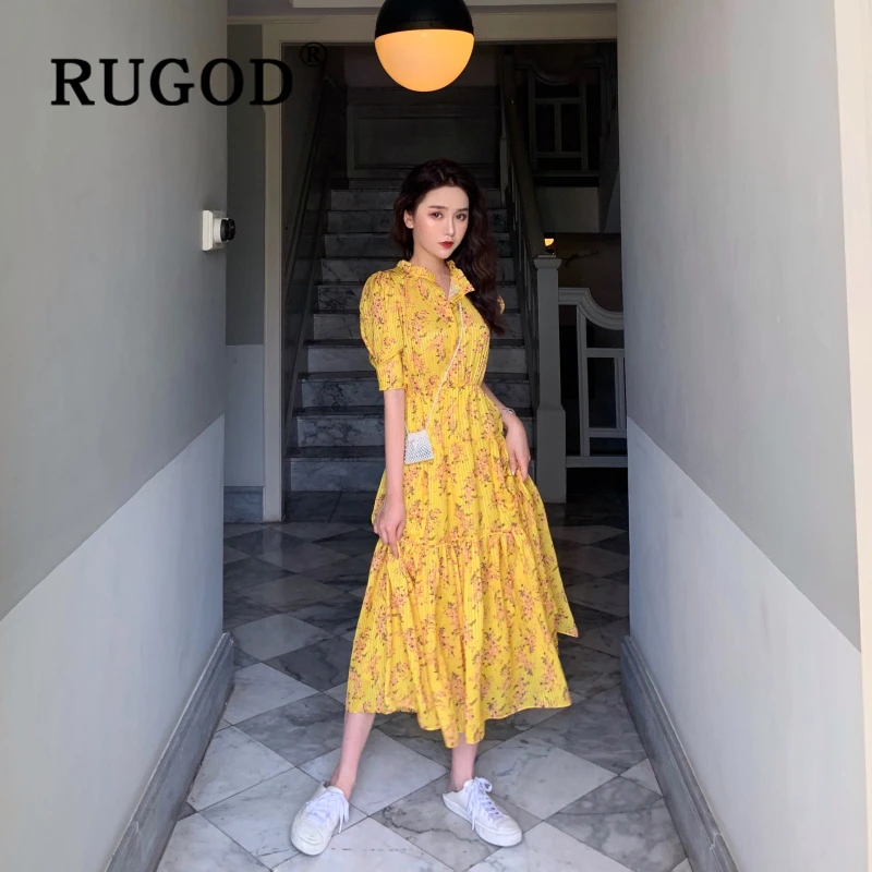 RUGOD богемное шифоновое женское платье в Корейском стиле с пышными рукавами, летние вечерние платья vestidos, винтажное желтое милое женское платье
