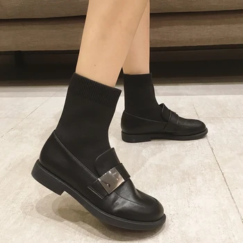 

Autumn Women Leather Elastic knit Tube Boots Fashion Slip-on Metal Decoration Ankle Boots Non-slip Soft Flat Shoes Short Boots