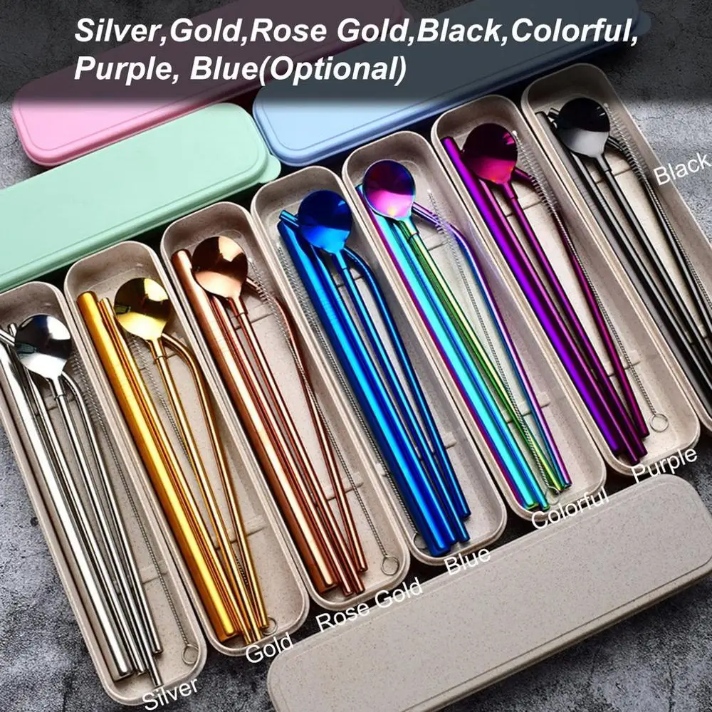 5pcs Reusable 304 Stainless Steel Straw Spoon Kit Metal Smoothies Drinking Straight Straws Set Storage Box 1 5pcs Reusable 304 Stainless Steel Straw Spoon Kit Metal Smoothies Drinking Straight Straws Set Storage Box 3