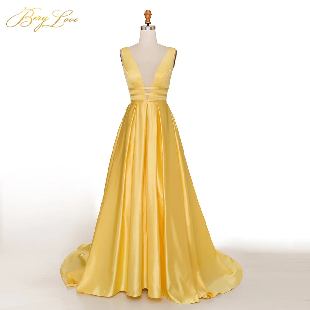 Bright Yellow Sexy V Neck Evening Party Dress A line Elegant Satin Prom