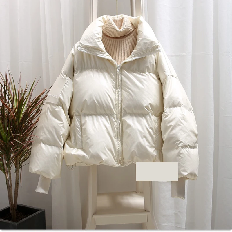 Young Lady Stand-Collar Full Sleeve Outdoor Overcoat White Oversize Duck Down Solid Colour Winter Warm Down Jacket
