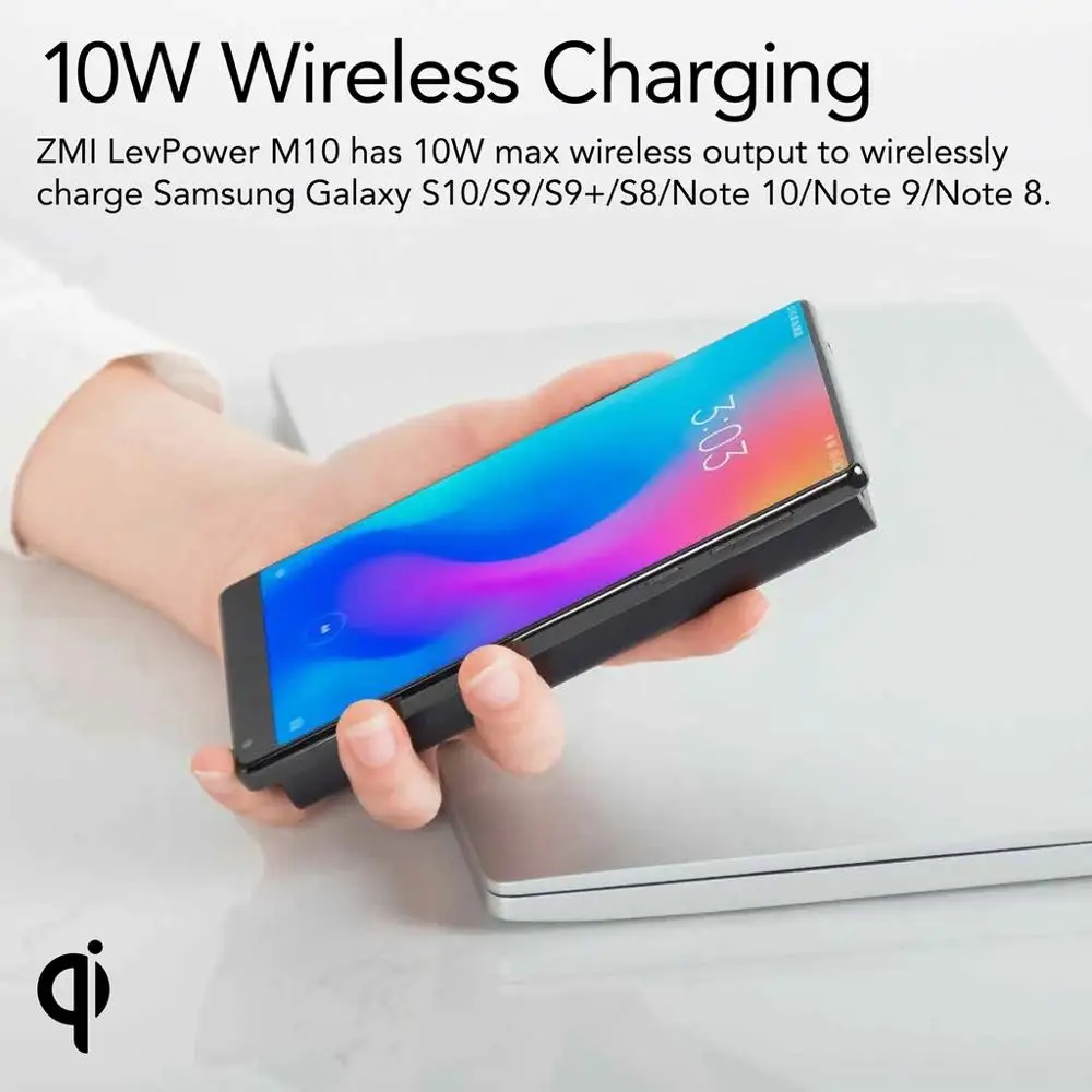 ZMI 10000 мАч беспроводной внешний аккумулятор Двойной USB-C 18 Вт макс WPB100 для зарядки молнии 10 Вт макс Qi Сертифицированный нескользящий коврик