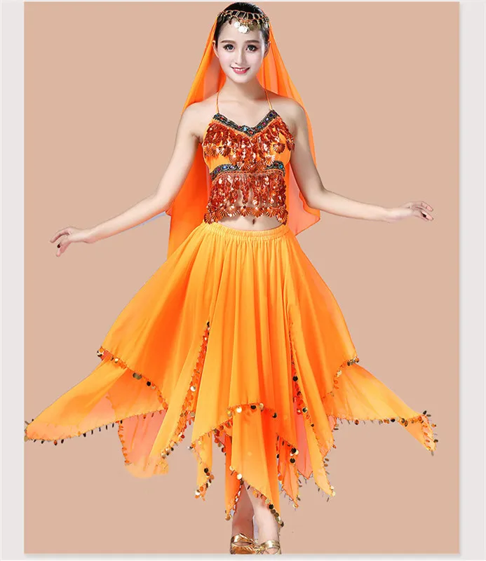 В стиле «Индийский Болливуд», Одежда для танцев, комплект Египет Для женщин танец живота индийские костюмы для танца живота, Выступления 3 шт./компл.(Топ и юбка из вуали