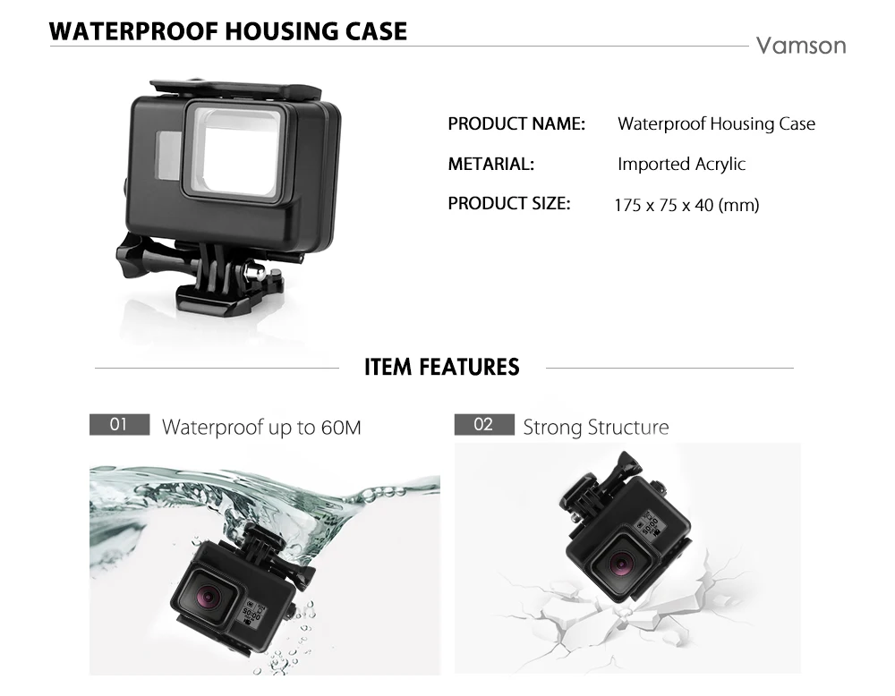 Vamson для Go Pro 60m Подводный Водонепроницаемый чехол для GoPro Hero 7 6 5 черный аксессуар комплект Дайвинг Защитный чехол Корпус VP633