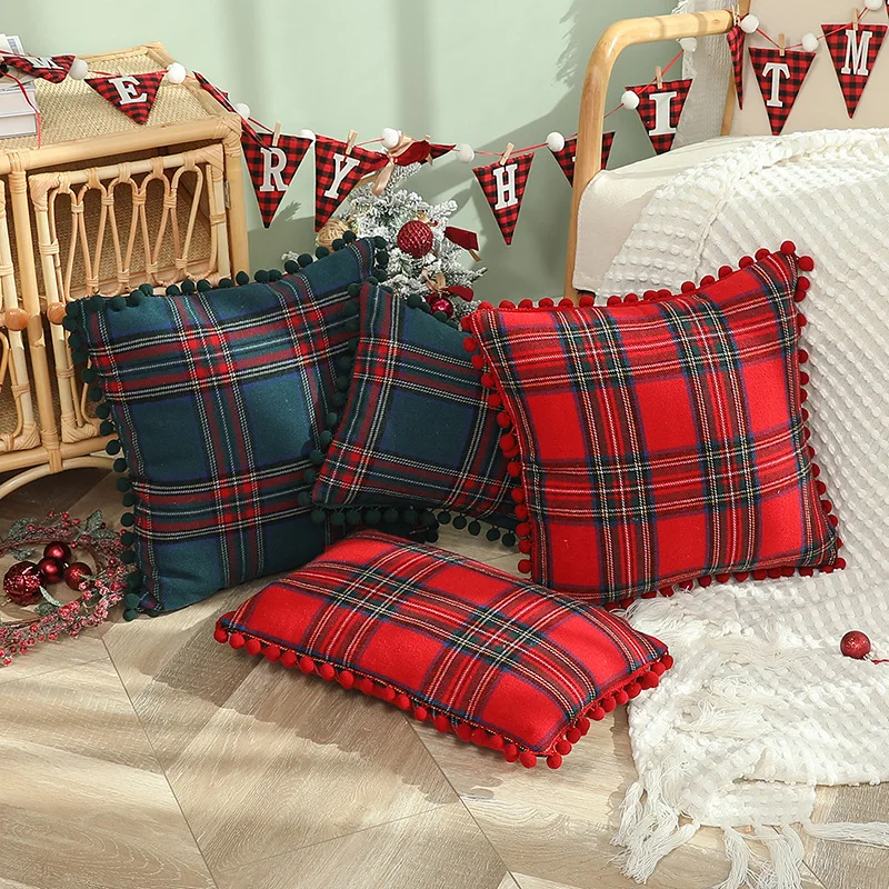 

Christmas Geometric Lattice Pillowcase with Pompom Ball Nordic Home Decor Vintage Cushion Cover Sofa Car Lumbar Pillow cases