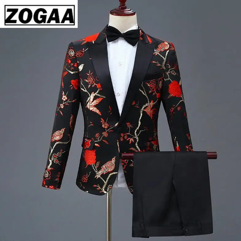 ZOGAA новый дизайн мужские стильные костюмы с вышивкой Королевский синий зеленый