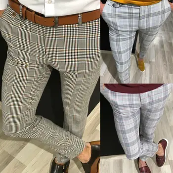 通販 ファッションメンズスリムフィットチェック柄パンツズボンカジュアルジョギングタータンジョギングスキニー鉛筆ボトムプラスサイズ XXL 3XL