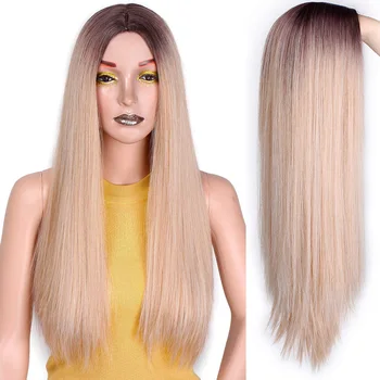 

I's a wig Long Straight Synthetic Wig Mixed Brown and Blonde Long Wigs for White /Black Women Middle Part Nature Wigs