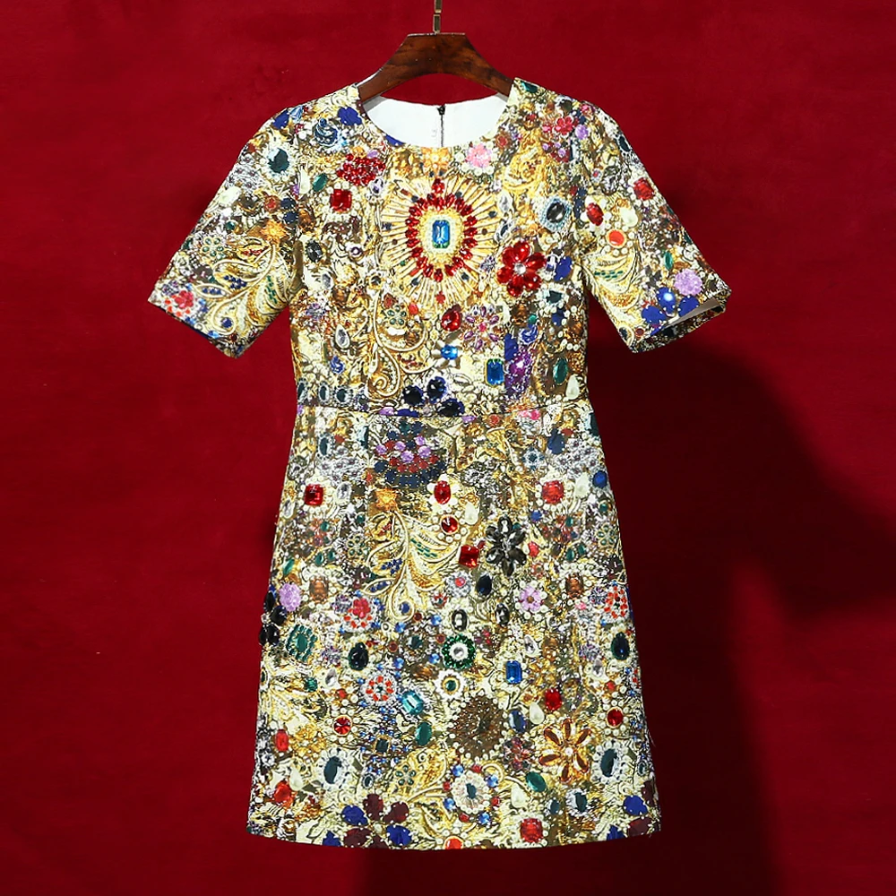 

Red RoosaRosee Designer Women Fashion Golden Print Luxury Diamonds Party Dress Elegant Boho Vestidos Robe Femme Holiday Dresses