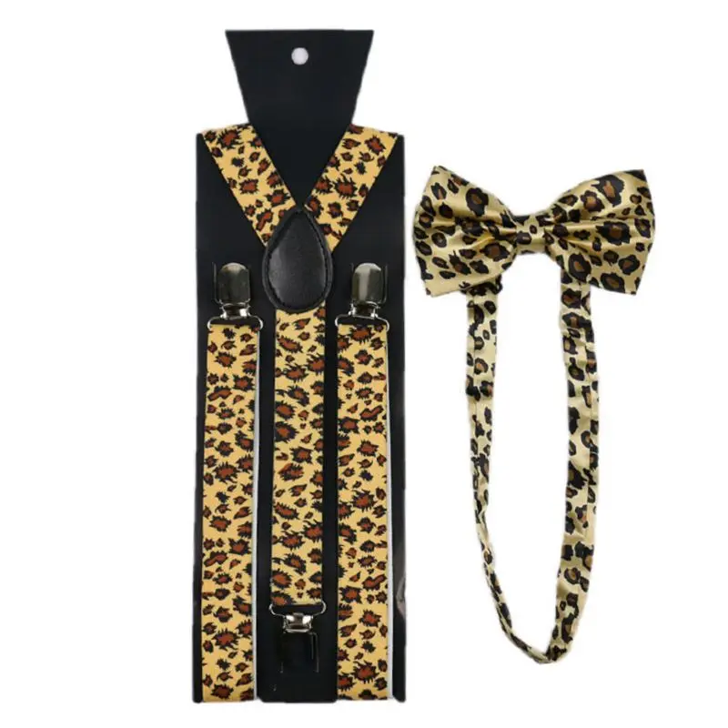 Унисекс, подтяжки, галстук-бабочка, набор, широкий Леопардовый принт, регулируемый, 3 зажима, y-образный пояс