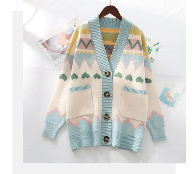 

Vintage Women Sweater Geometric Printing Female Cardigan Knitted Long Sleeve with Pockets V-neck Sweater Single -breasted Ladies