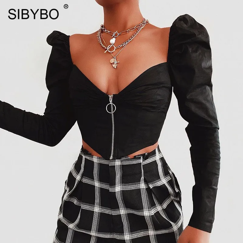 SIBYBO с пышными рукавами на молнии спереди сексуальный укороченный Топ для женщин с v-образным вырезом и длинным рукавом Тонкая Повседневная футболка женская черная с открытой спиной милые женские топы
