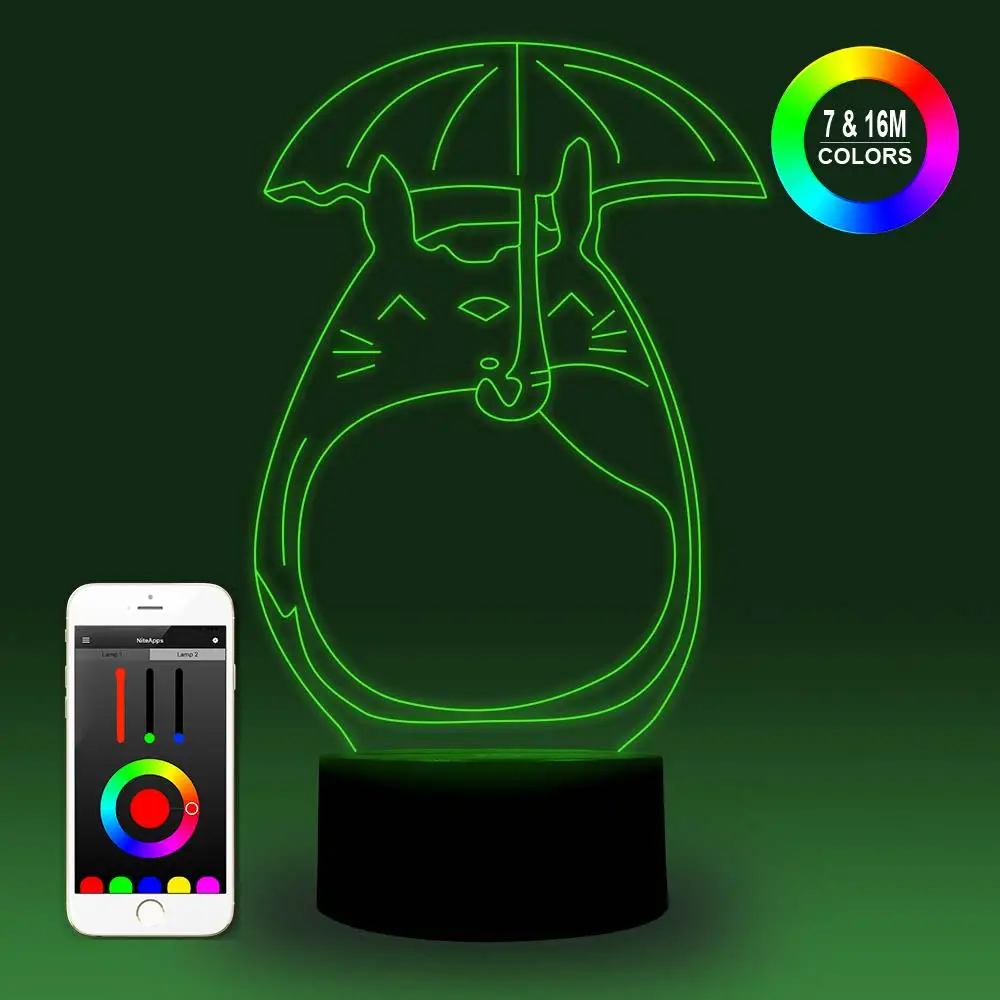 NiteApps 3D Тоторо под зонтиком ночник настольная Иллюзия украшение лампа подарок на день рождения приложение/сенсорный контроль