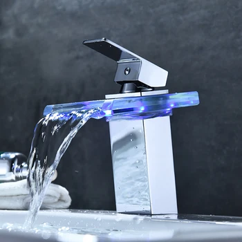 

LED Luminous Creative Waterfall Faucet Color Changing Hot and Cold Table Basin Washbasin Bathroom Copper Household