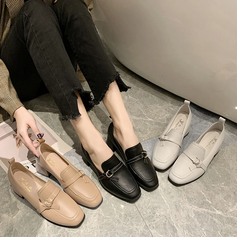 

2020 explosion models spring fashion wild lady single shoes solid color square head buckle elegant daily women's shoes U29-13