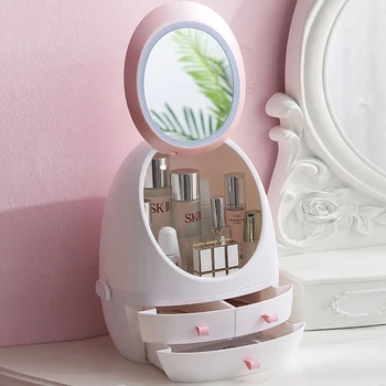 

HD Mirror LED Light Cosmetic Storage Box Jewelry Makeup Organizer USB Charge Cosmetic Case Desktop Storage Drawer