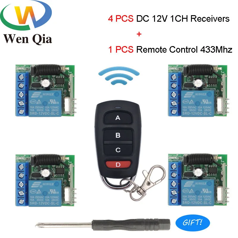 

433 Mhz Universal Wireless Remote Control Switch DC 12V 1CH Relay Receiver Module and 1 RF Transmitter 4Receivers SmartHome Lamp