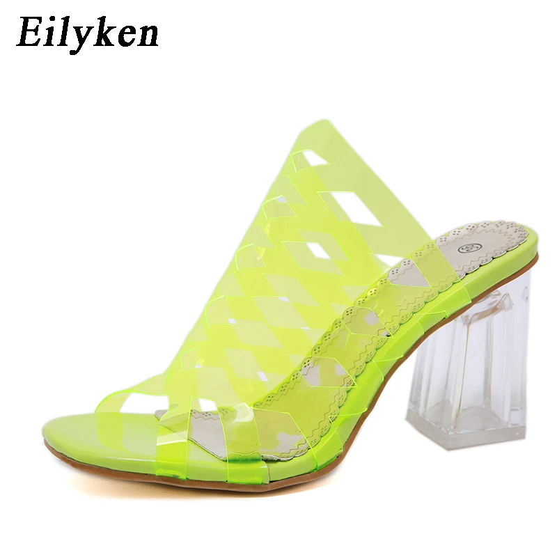 Eilyken/прозрачные зеленые женские шлепанцы из пвх; босоножки с кристаллами на толстом каблуке; женские летние шлепанцы с открытым носком на высоком каблуке