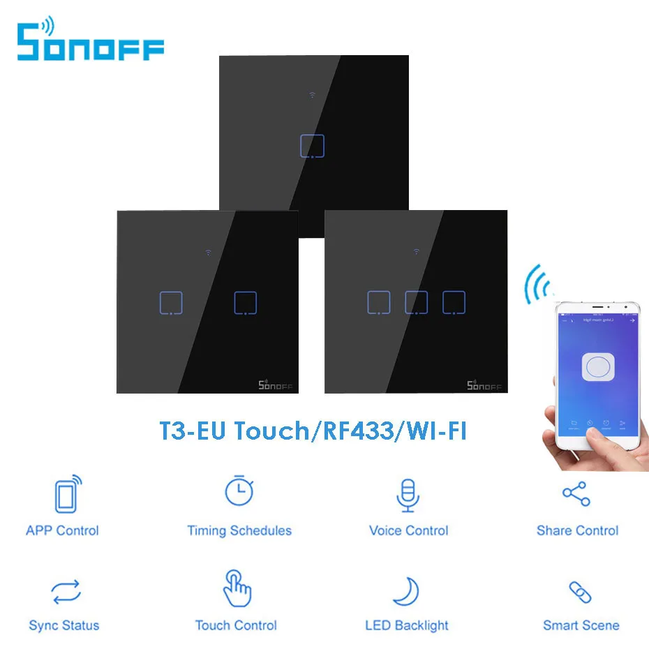 Itead Sonoff T3 EU 86 Size 123 gang Wall WIFI Light Switch,Touch RF433 mhz WIFI Remote Control, Works With Alexa Google Home, voice control