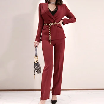 

Autumn OL Red Double Breasted Slim Blazer Coat Women Office Work Two Pieces Pant Sets