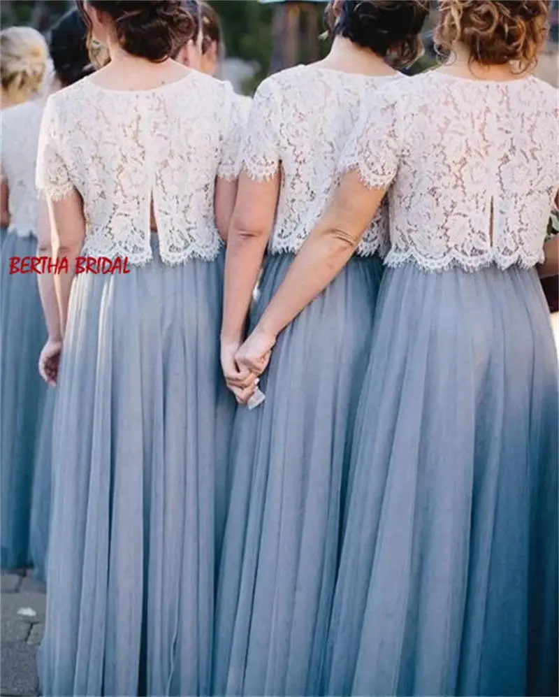 Платье подружки невесты из двух частей; длинный кружевной топ; шифоновое свадебное платье подружки невесты; вечерние платья с короткими рукавами; Vestidos De Madrinha