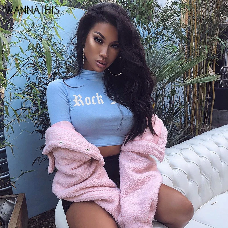 

WannaThis Turtleneck Crop Top Letter Print Tee Shirt Femme Blue and Red Skinny Fashion Streetwear Cotton Elastic Women T-Shirt