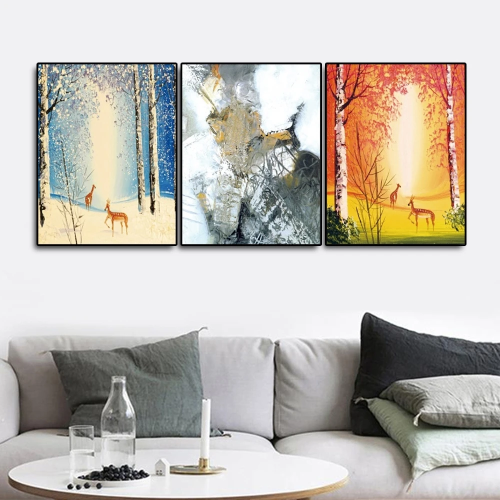 

Laeacco 3 Pieces abstract elk tree Nordic Posters and Prints Wall Art Canvas Painting Pictures For Living Room Home Decoration