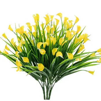 

LBER 4 Pcs Artificial Flowers Outdoor Yellow Calla Lily Fake Plants Faux Shrubs Plastic Greenery Decor