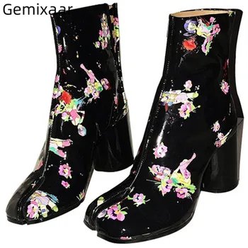 

Printed Color Genuine Leather Ankle Boots Women Round Heel Button Decor Individual Split Toe Winter Botas Mujer