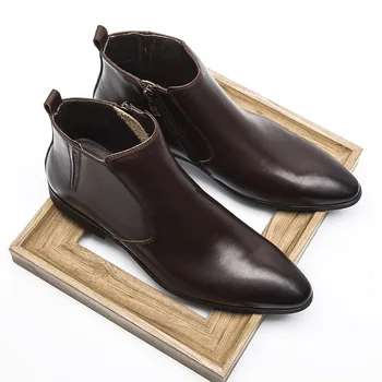 

New Men Leather Boots Large Size Cowhide Boots Soft-sole Genuine Leather Black Brown Work Shoes Pointed Toe Ankle Cow Leather