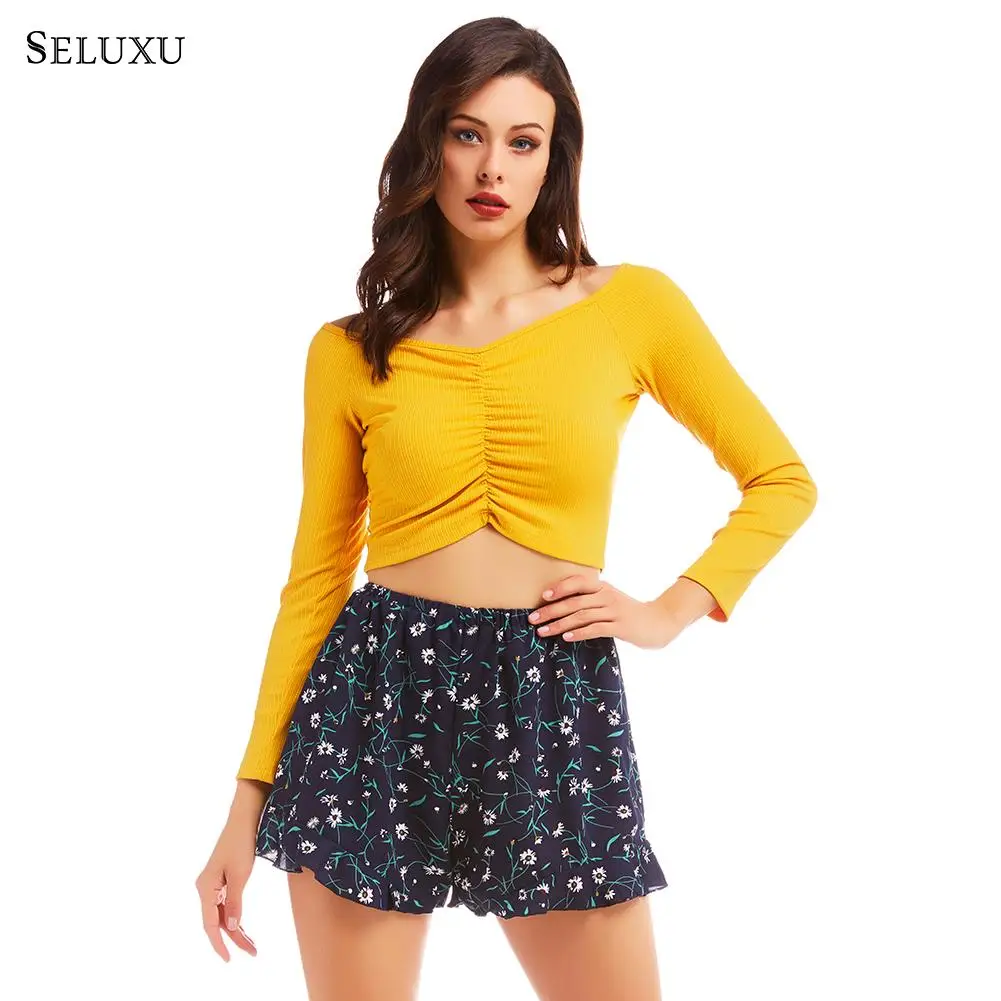

Seluxu 2019 Autumn Women Two Piece Set Long Sleeve Slash Neck Tops Short Pants 2 Piece Set Casual female set Women 2 Piece Suit