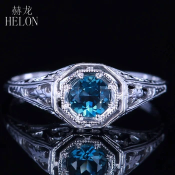 

HELON Solid 10k White Gold Pave 4.5mm Round 100% Genuine Natural Blue Topaz Engagement Wedding Ring Women Art Nouveau Jewelry