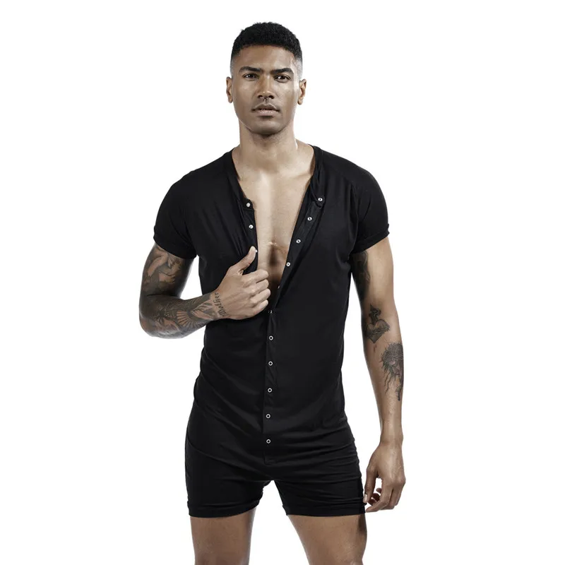 

2019 Fashion T-Shirts Men Solid Color Siamese T-Shirt Elastic Comfortable Snap Button O-Neck Tops Tee White Black Gray XL-2XL
