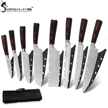 

Sowoll 7CR17 Stainless Steel Kitchen Knives Set with 8 Pockets Roll Bag Chef Knife Color Wooden Handle Sharp Blade Knife Sheath