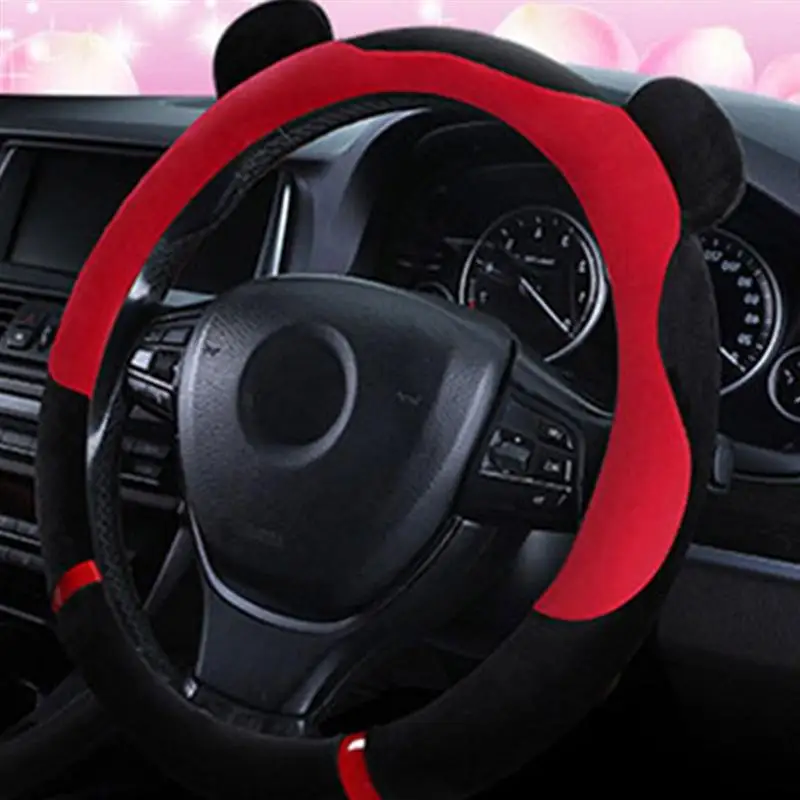 Car Steering Wheel Cover Cartoon Plush Steering Wheel Cover Cute Winter Steering Red